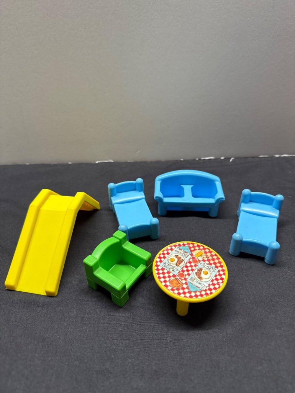 Vintage Plastic Dollhouse Furniture Set Slide Chairs Table & Bed Colorful Design